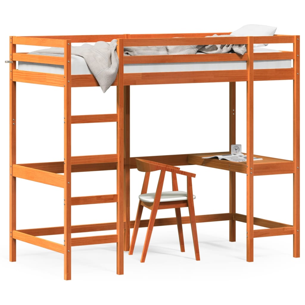 Køyeseng med skrivebord voksbrun 90x200 cm heltre furu