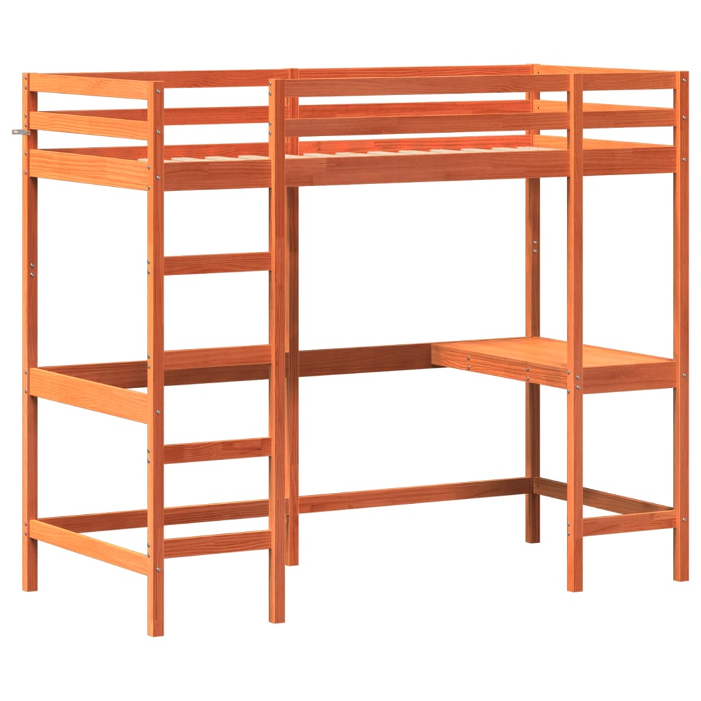 Køyeseng med skrivebord voksbrun 90x200 cm heltre furu