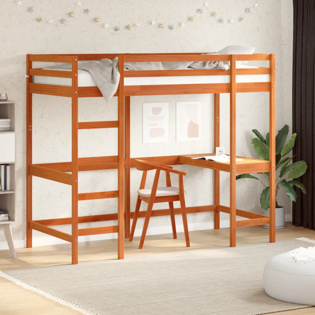 Køyeseng med skrivebord voksbrun 90x200 cm heltre furu