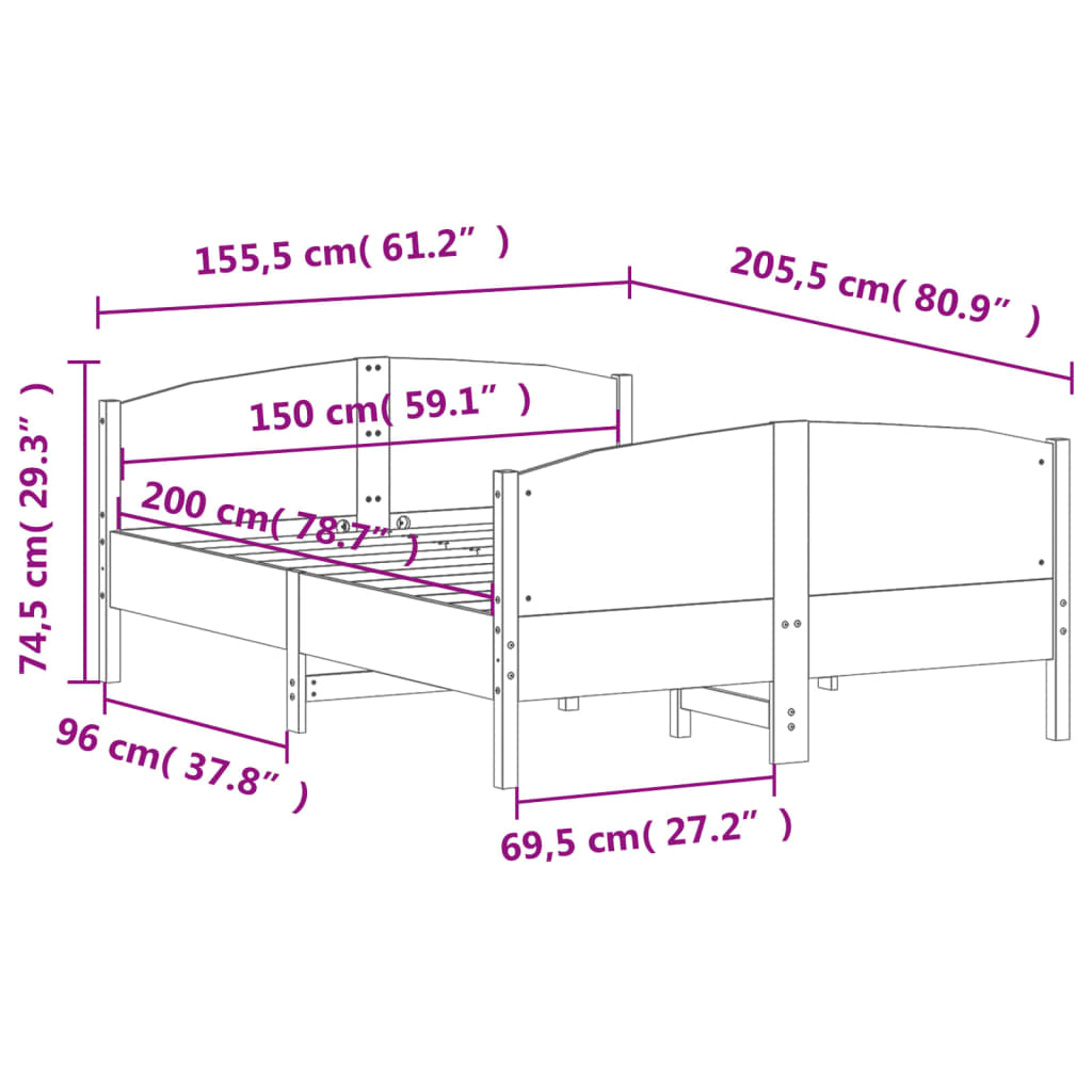 Sengeramme uten madrass hvit 150x200 cm heltre furu