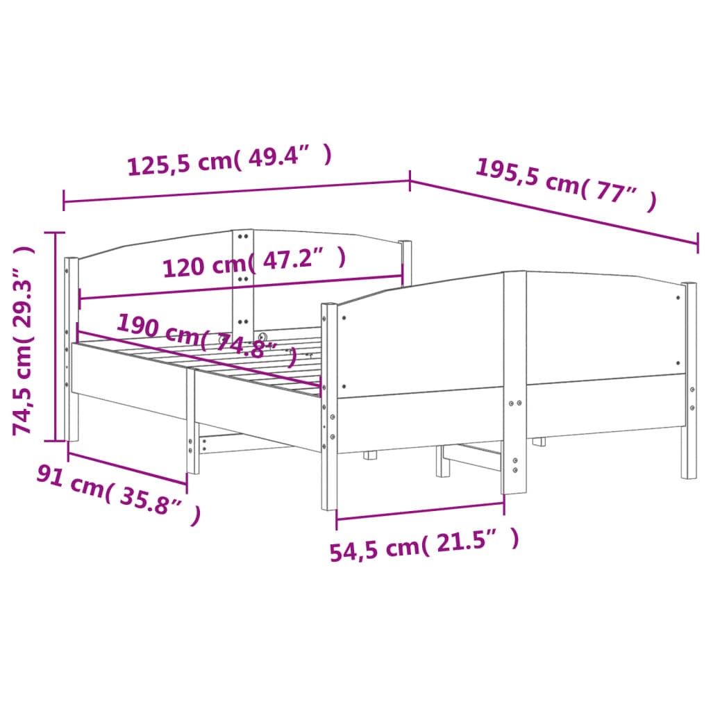 Sengeramme uten madrass hvit 120x190 cm heltre furu