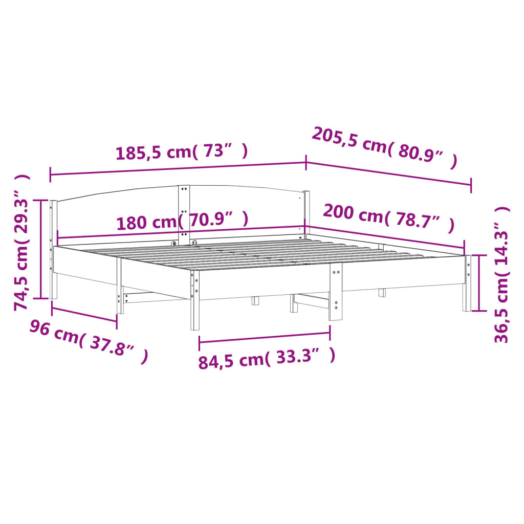 Sengeramme uten madrass hvit 180x200 cm heltre furu