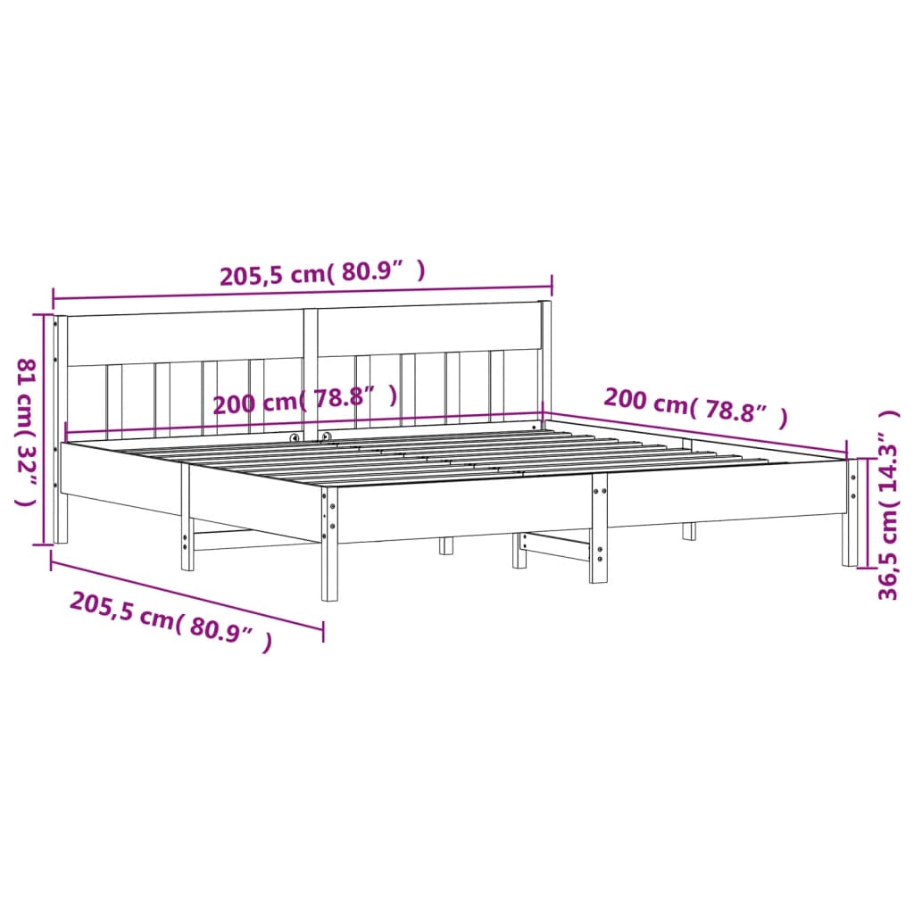Sengeramme uten madrass voksbrun 200x200 cm heltre furu