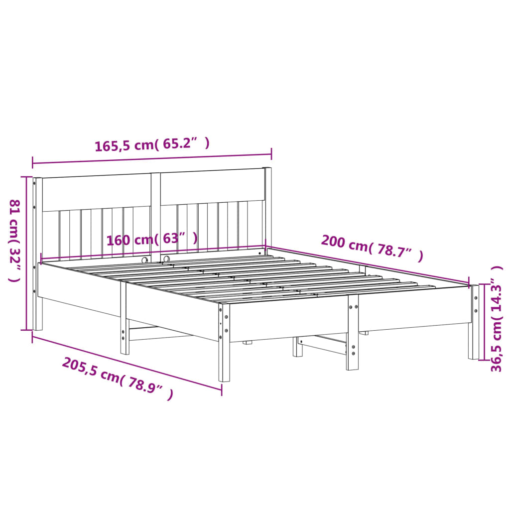 Sengeramme uten madrass hvit 160x200 cm heltre furu