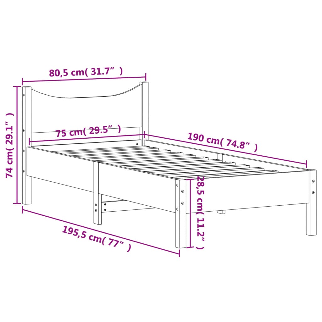 Sengeramme uten madrass hvit 75x190 cm heltre furu