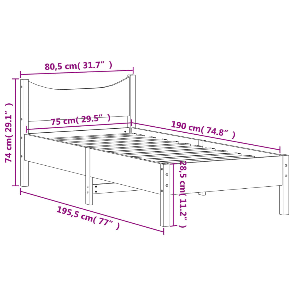 Sengeramme uten madrass voksbrun 75x190 cm heltre furu