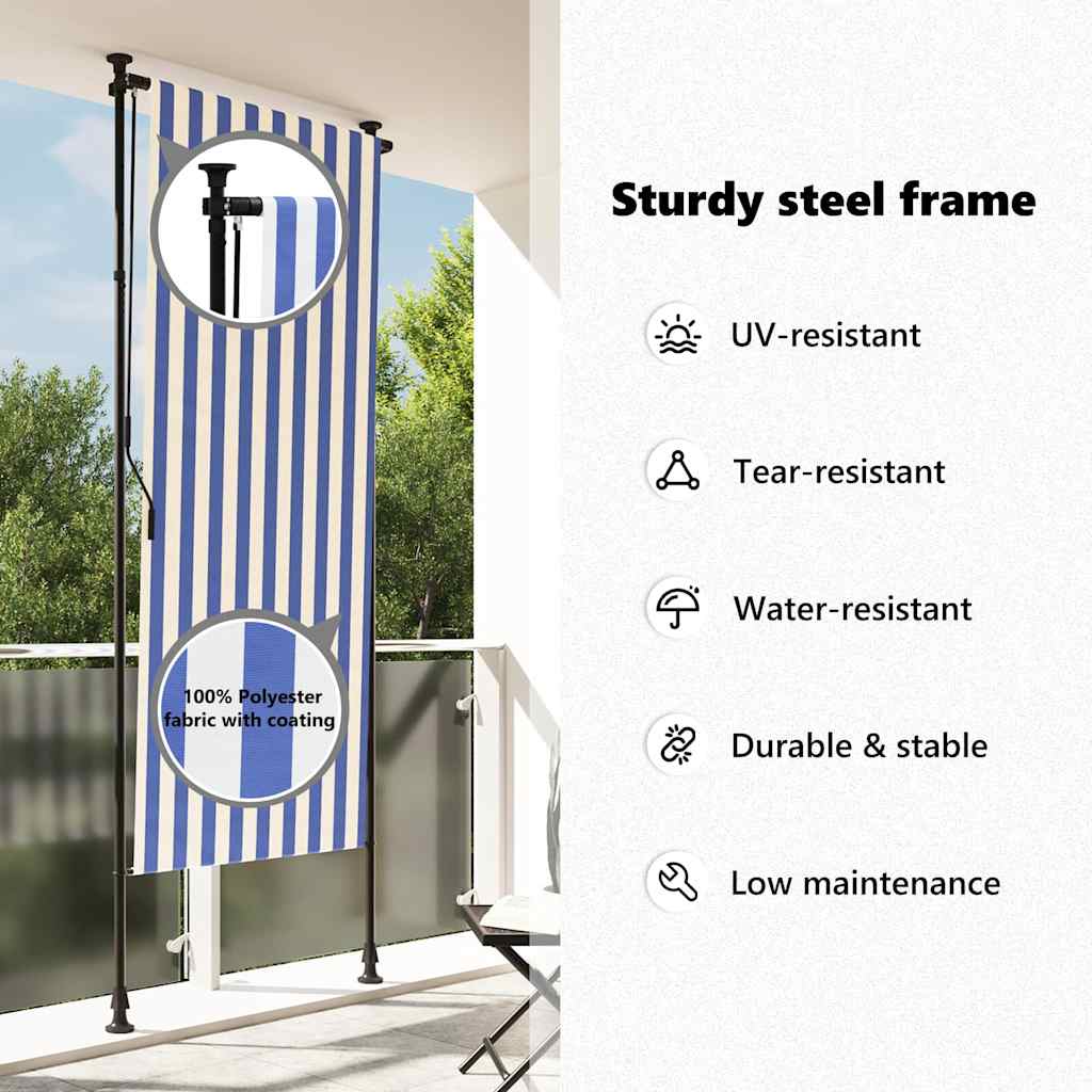 Utendørs rullegardin blå og hvit 100x270 cm stoff og stål