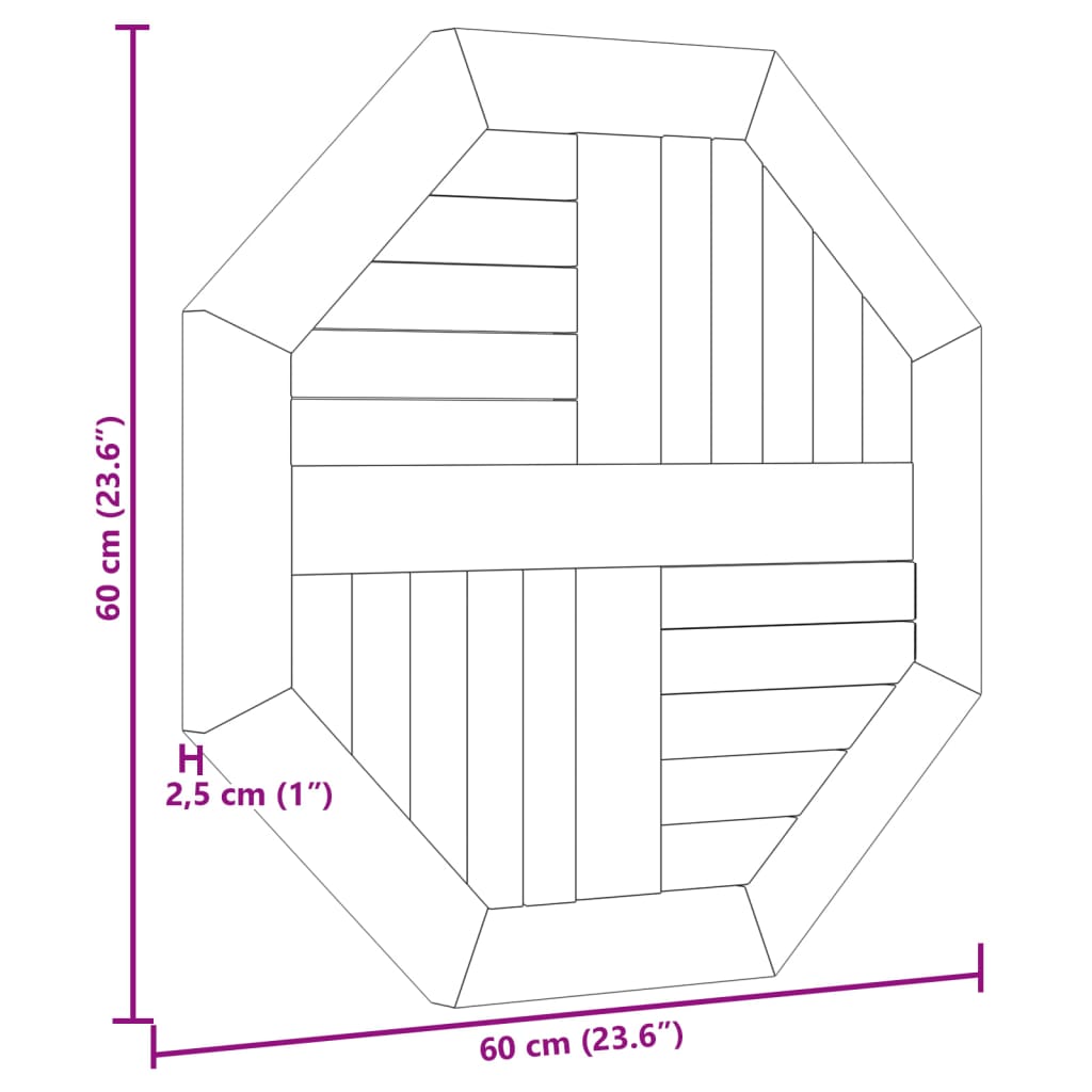 Bordplate 60x60x2,5 cm åttekantet heltre teak