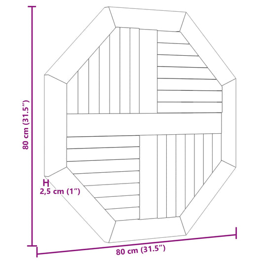Bordplate 80x80x2,5 cm åttekantet heltre teak