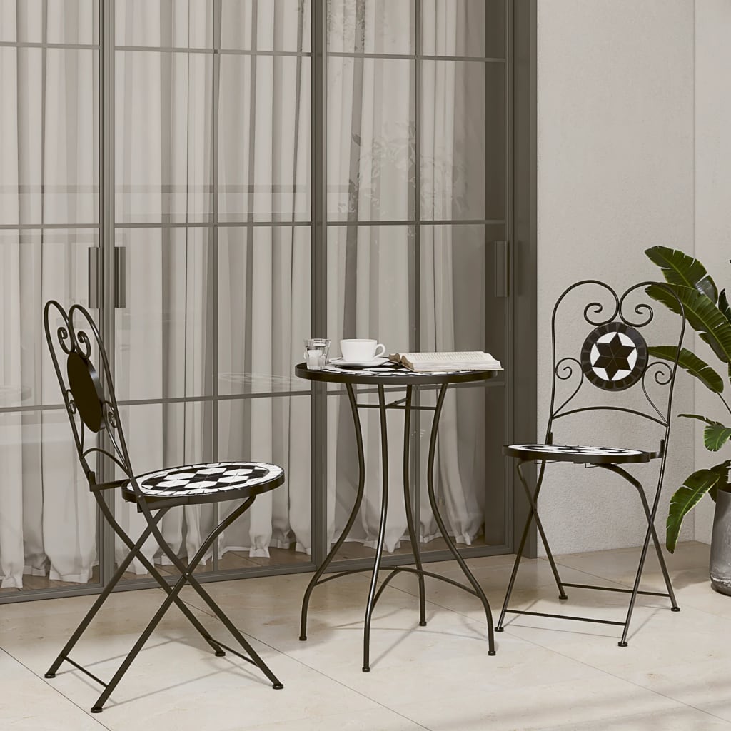 Bistrobord med mosaikk svart og hvit jern og keramikk
