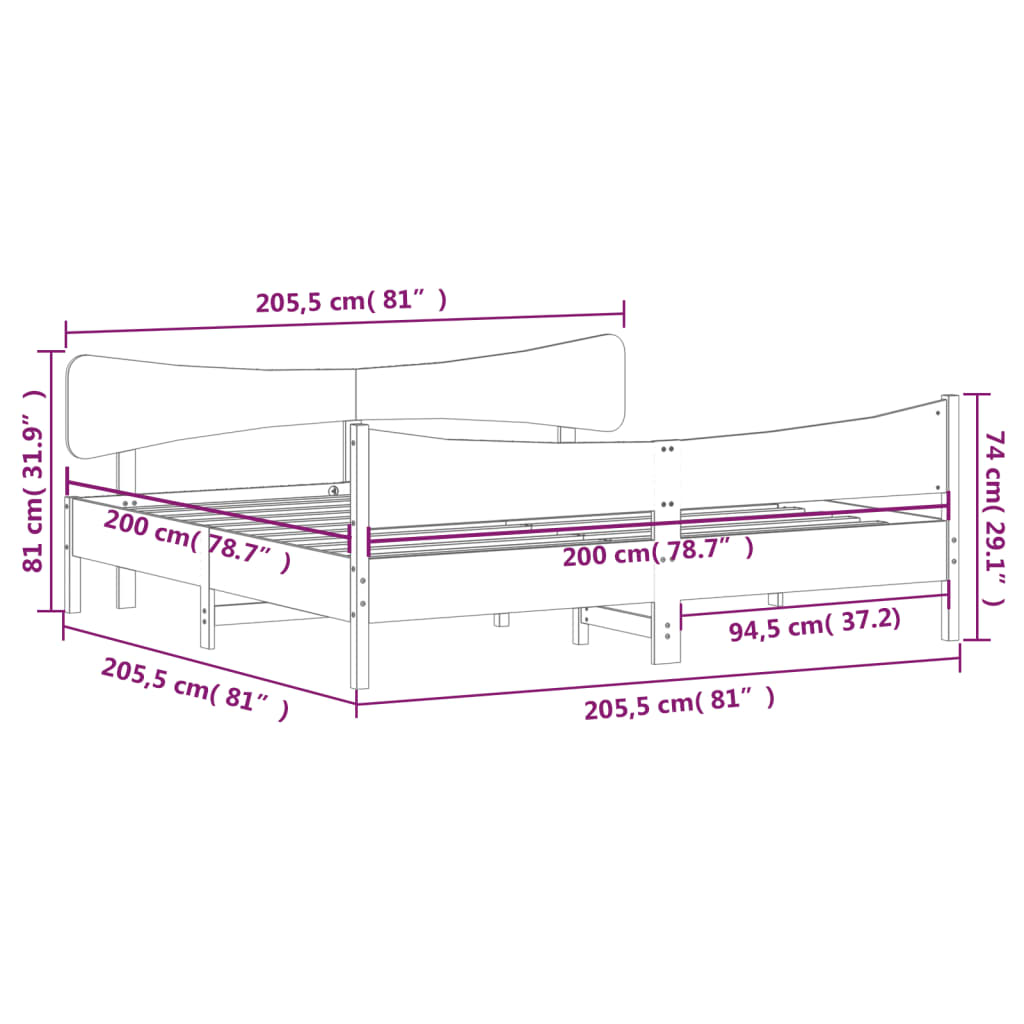 Sengeramme med madrass 200x200 cm heltre furu