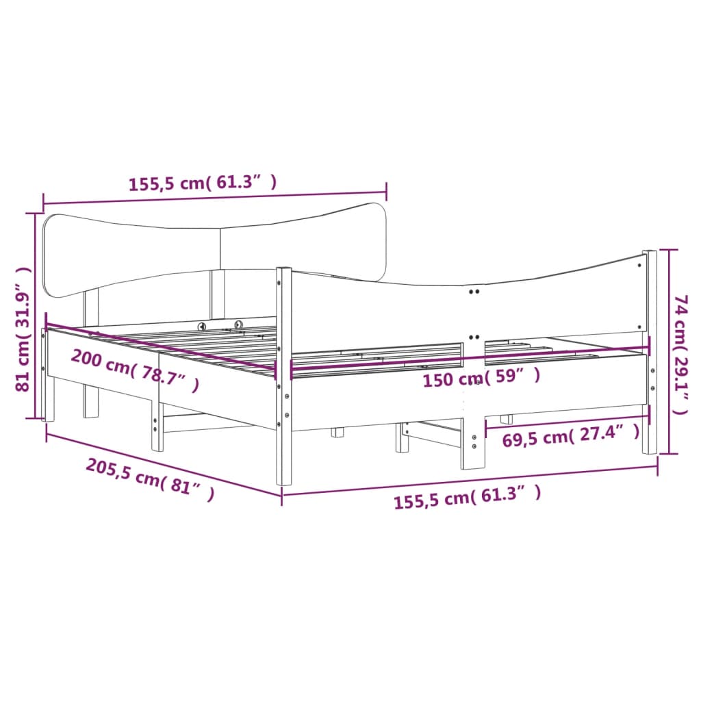 Sengeramme uten madrass hvit 150x200 cm heltre furu