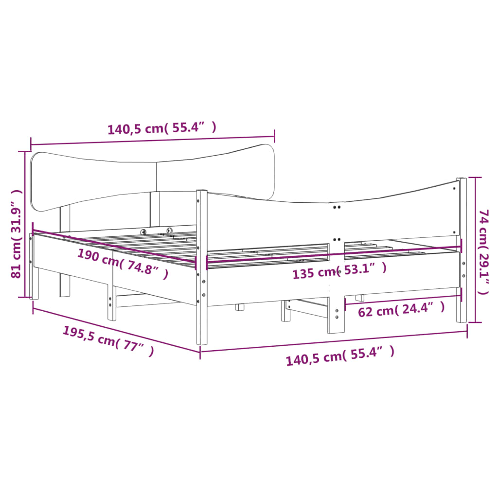 Sengeramme uten madrass hvit 135x190 cm heltre furu