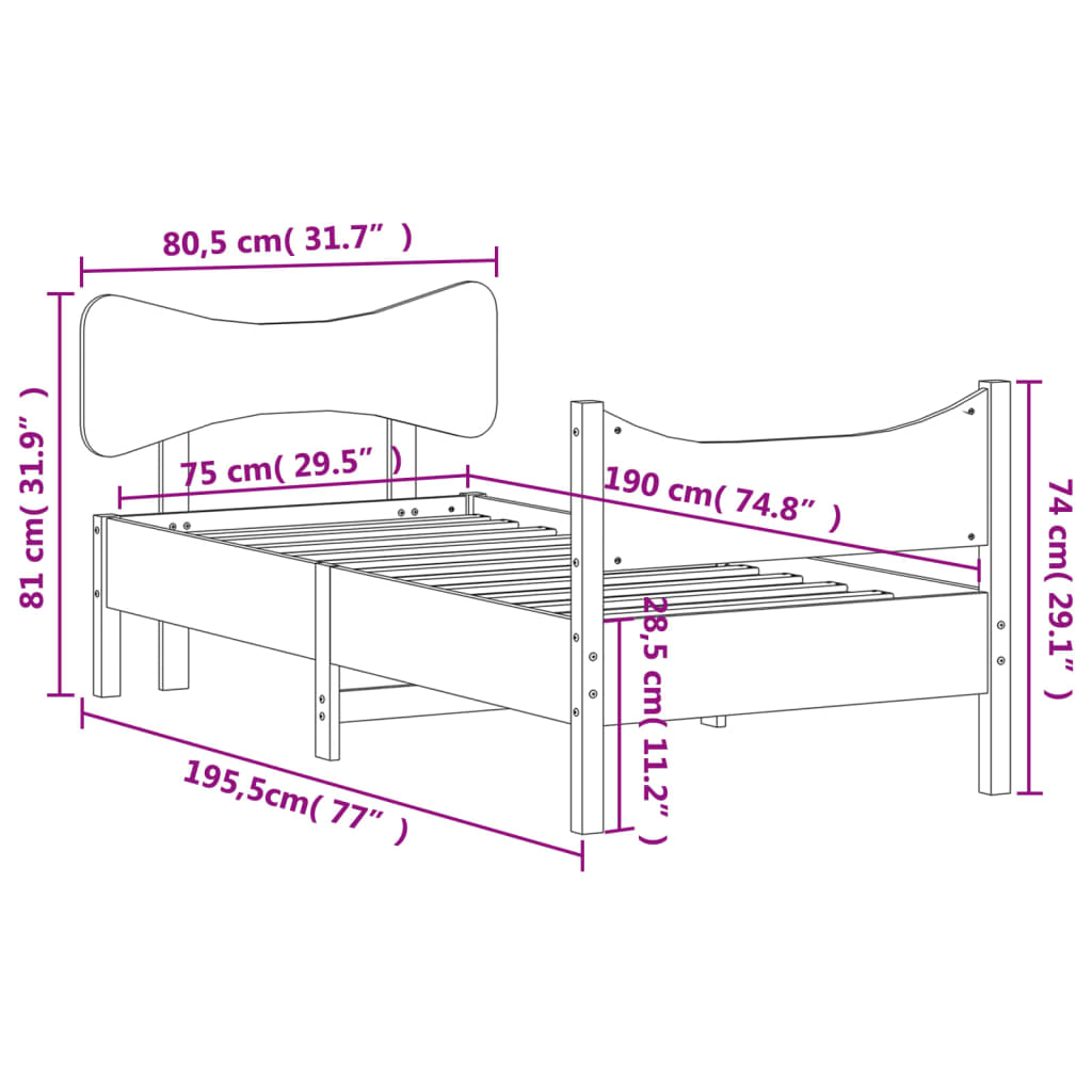 Sengeramme uten madrass voksbrun 75x190 cm heltre furu