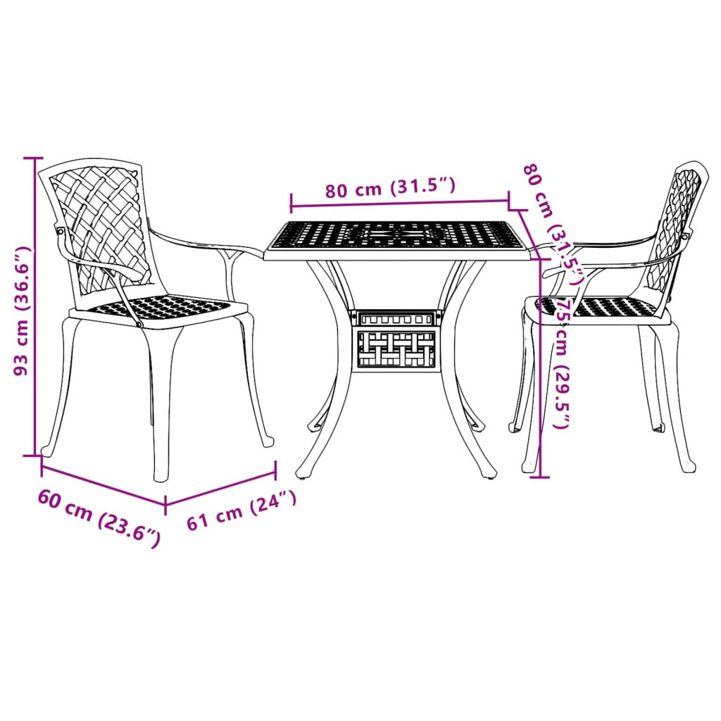 Bistrosett 3 deler hvit støpt aluminium