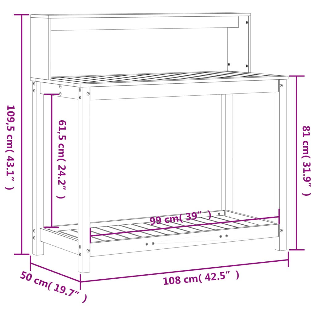 Pottebord med hyller 108x50x109,5 cm heltre furu vidaXL