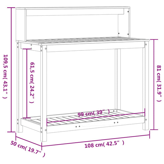Pottebord med hyller 108x50x109,5 cm heltre furu vidaXL