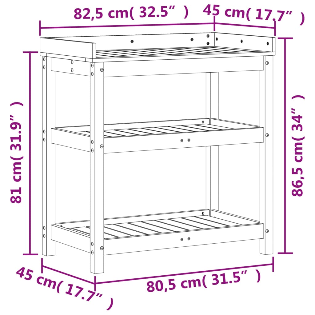 Pottebord med hyller 82,5x45x86,5 cm heltre furu