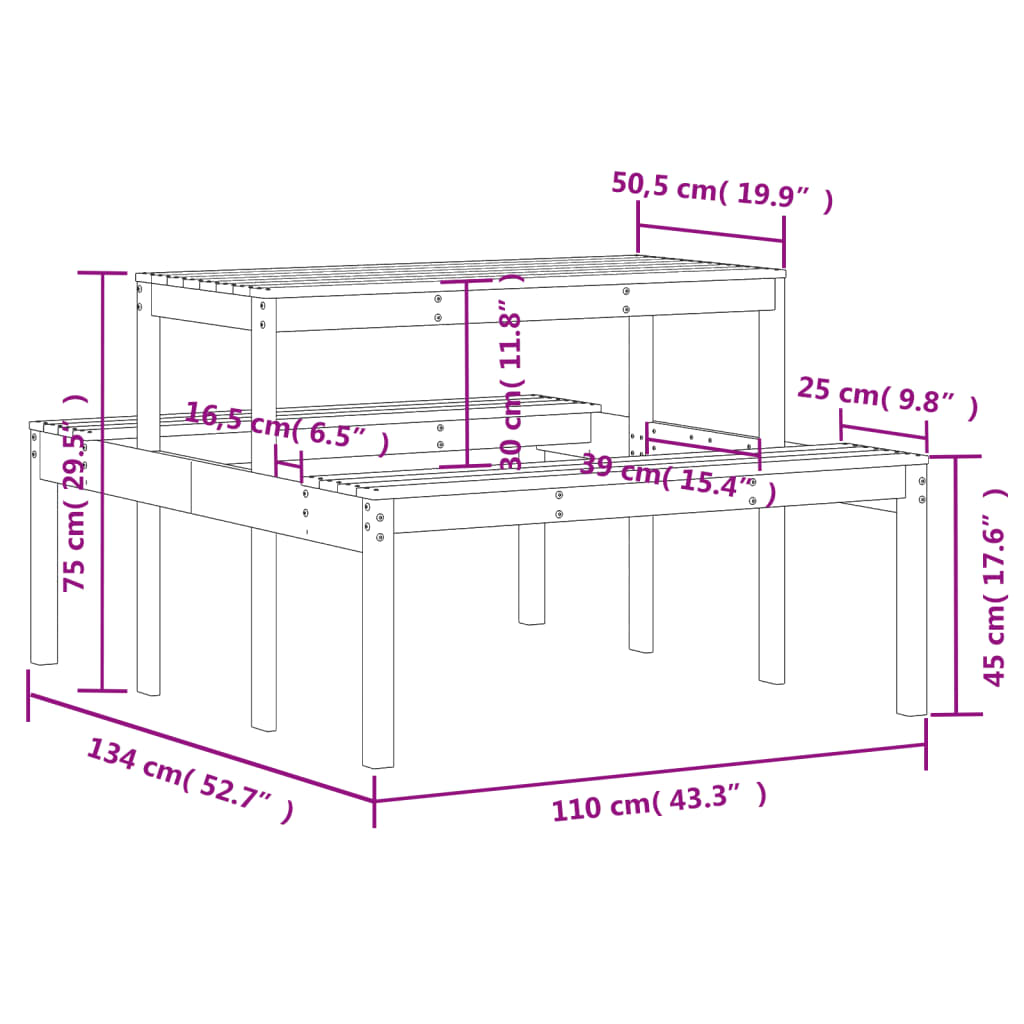 Piknikbord 110x134x75 cm heltre furu