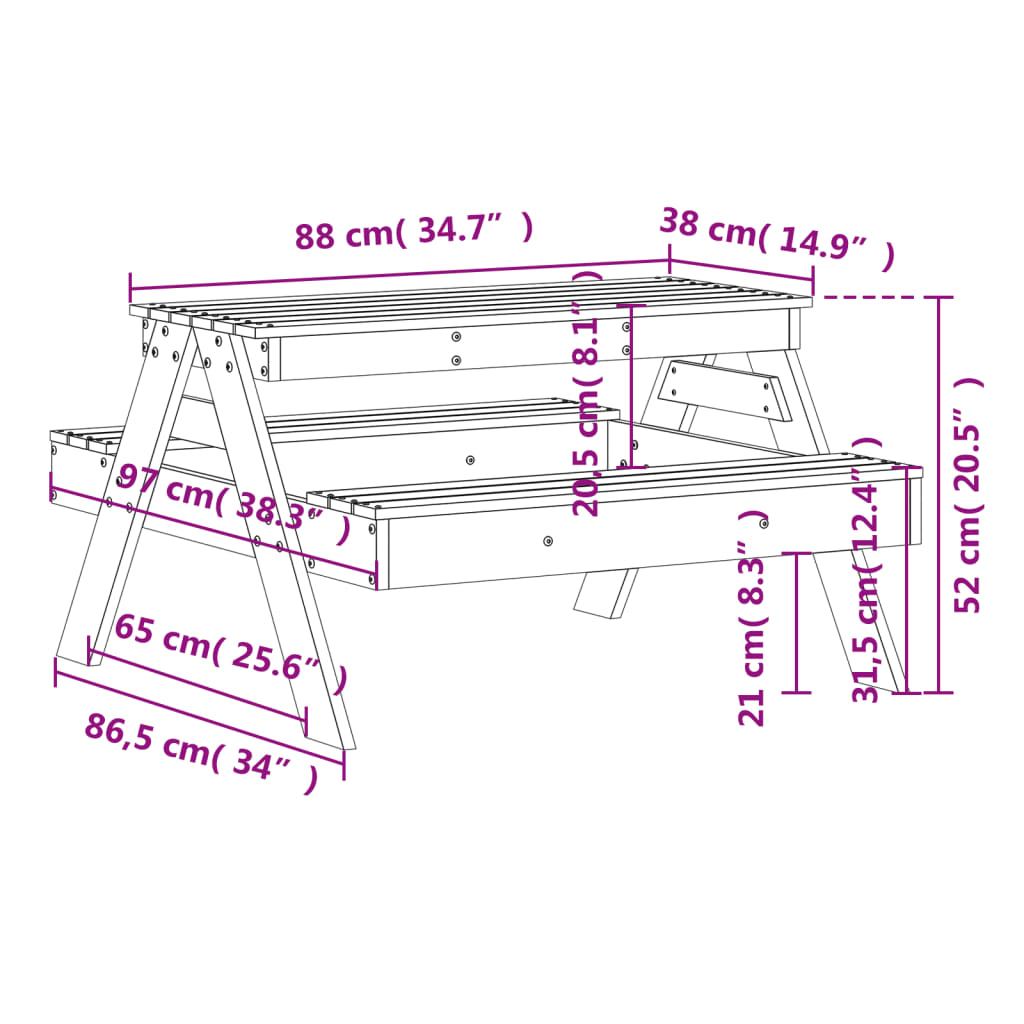 Piknikbord for barn voksbrun 88x97x52 cm heltre furu