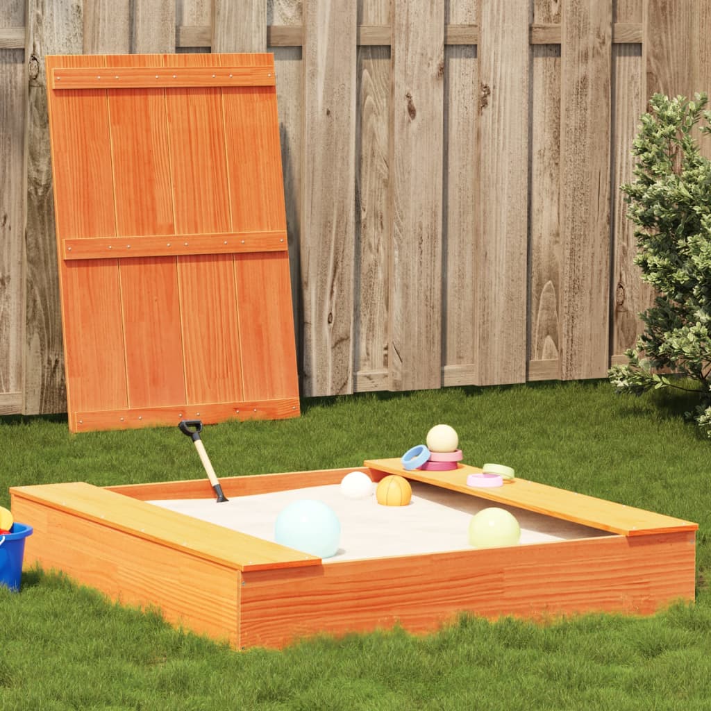 Sandkasse med lokk voksbrun 111x111x19,5 cm heltre furu