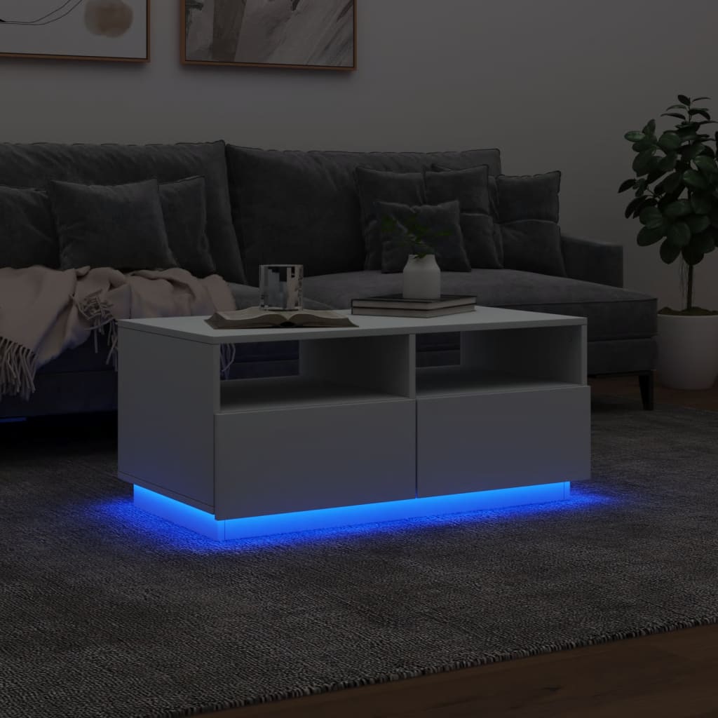 Salongbord med LED-lys hvit 90x49x40 cm