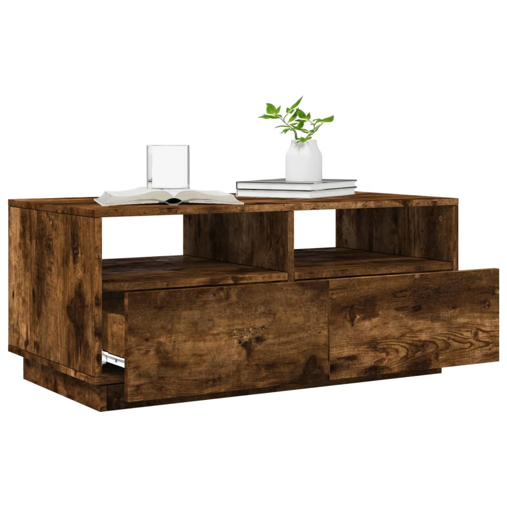 Salongbord med LED-lys røkt eik 90x49x40 cm
