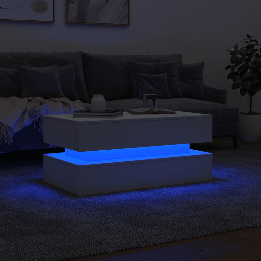 Salongbord med LED-lys hvit 90x50x40 cm