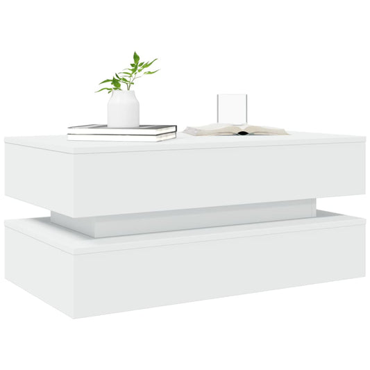 Salongbord med LED-lys hvit 90x50x40 cm