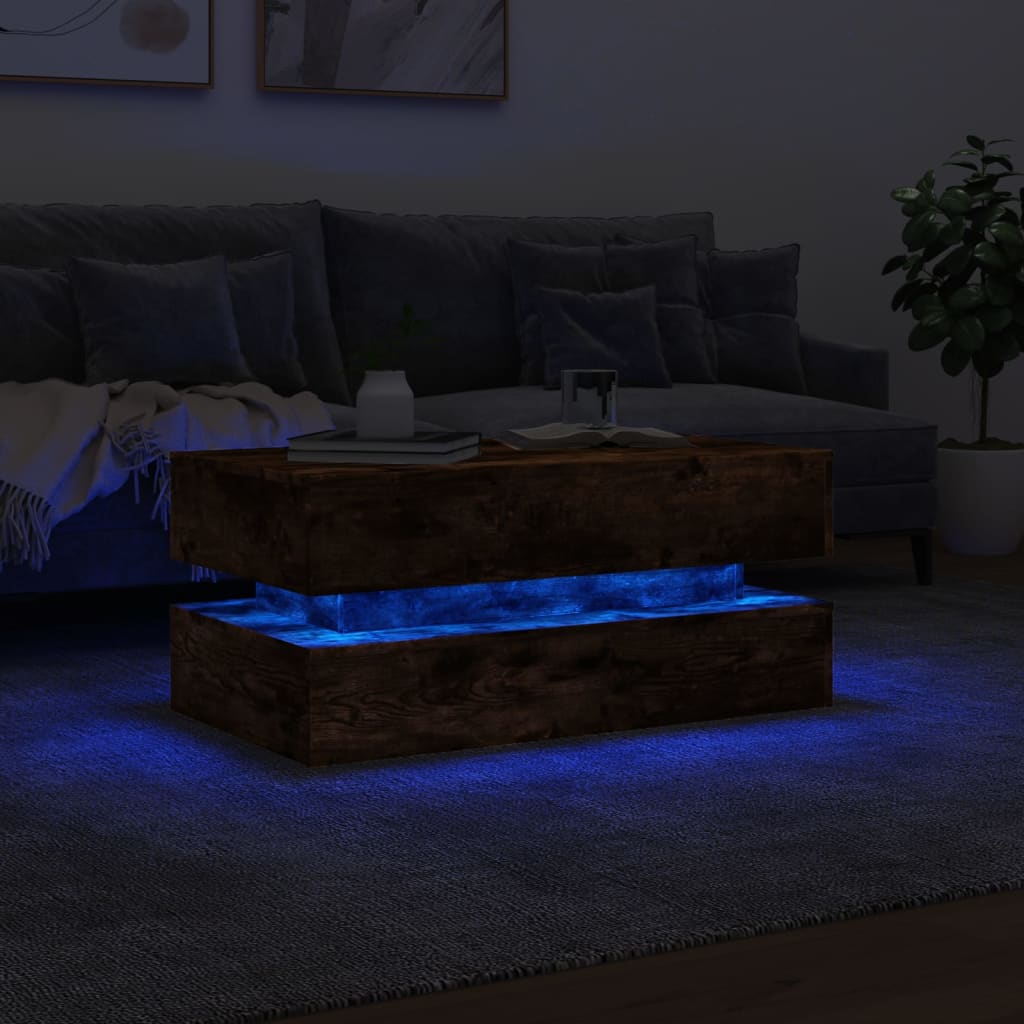 Salongbord med LED-lys røkt eik 90x50x40 cm