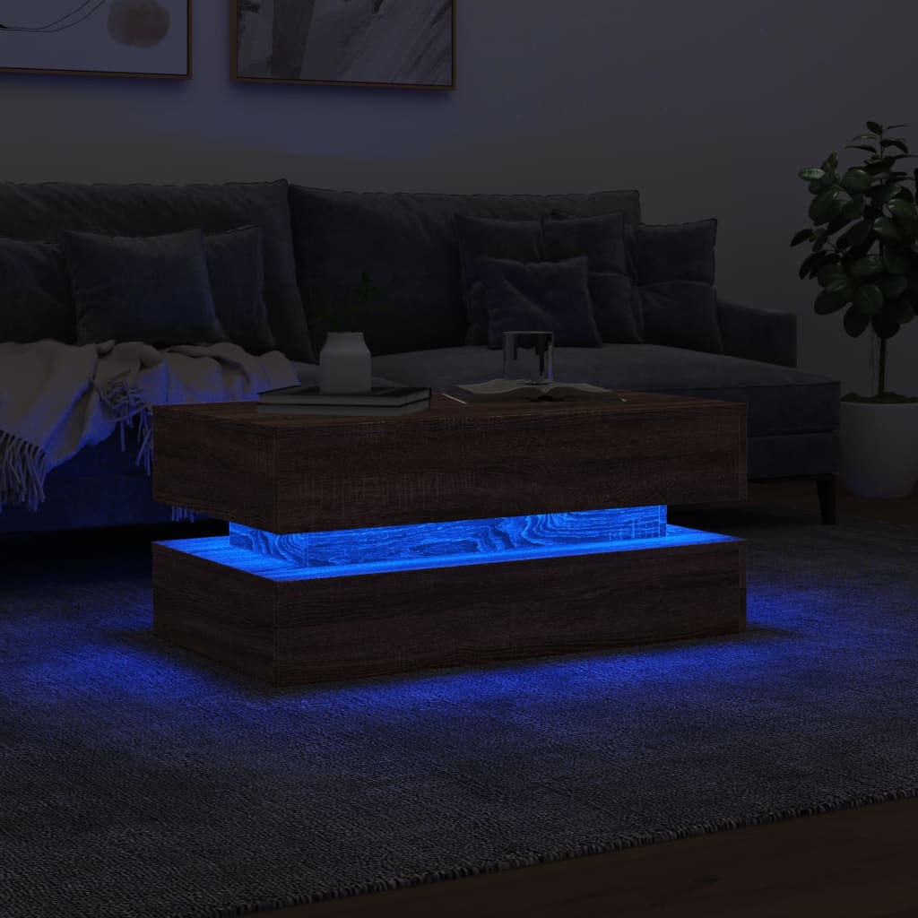 Salongbord med LED-lys brun eik 90x50x40 cm