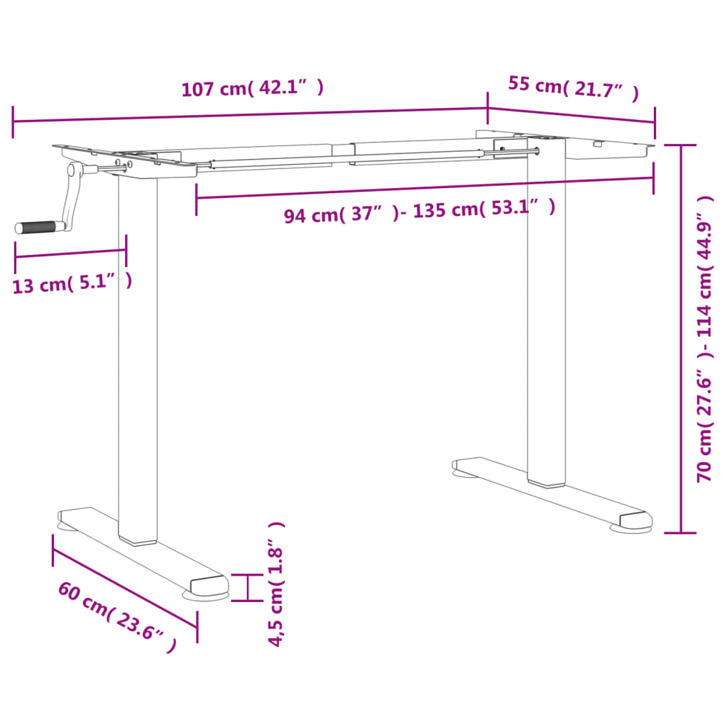 Stående ramme for skrivebord svart (94-135)x60x(70-114) cm stål