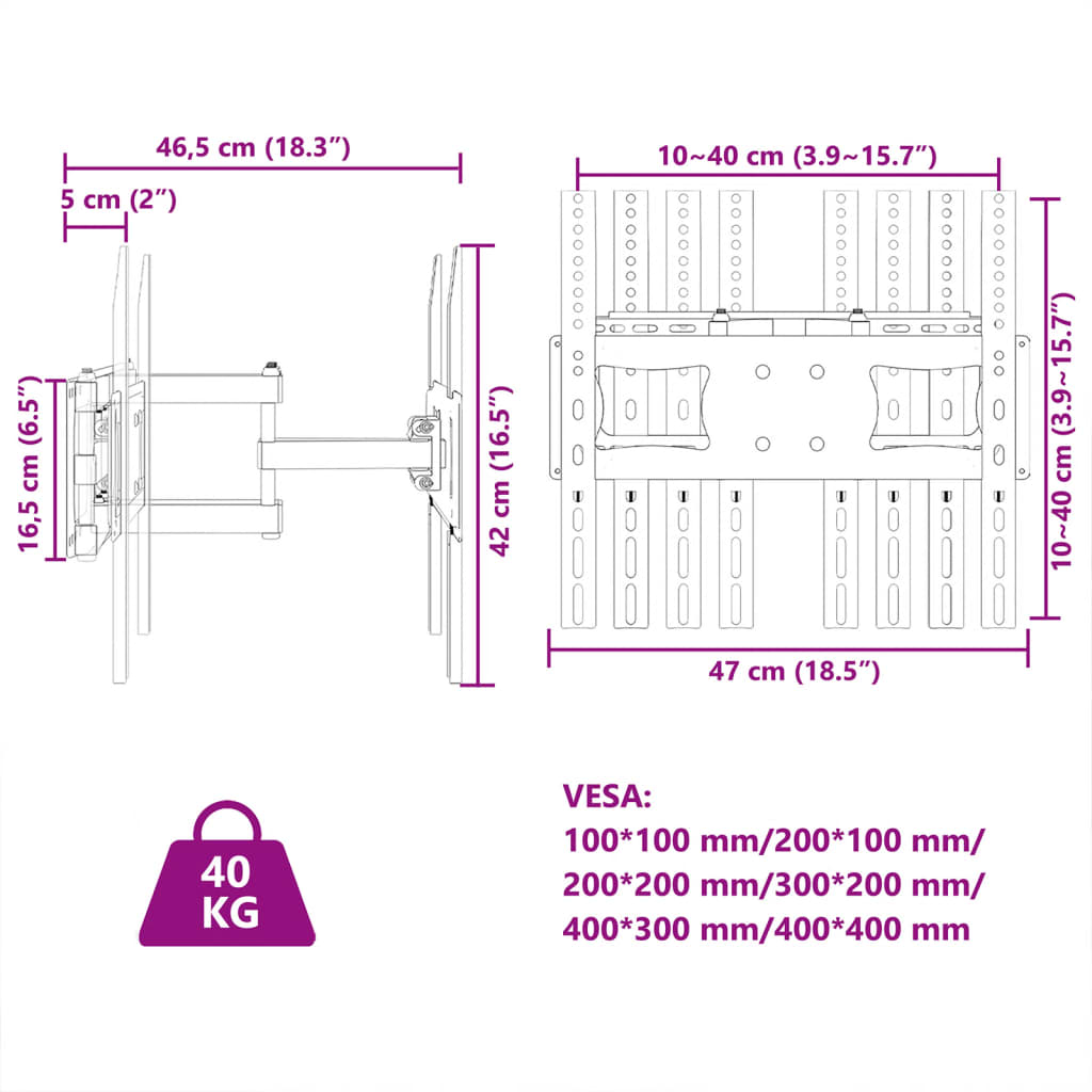TV-veggfeste for 26-70 tommers skjerm maks. VESA 400x400mm 40kg vidaXL