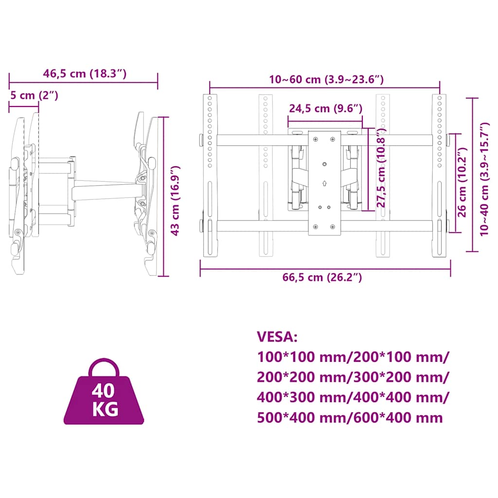 TV-veggfeste for 37-80 tommers skjerm maks. VESA 600x400mm 40kg