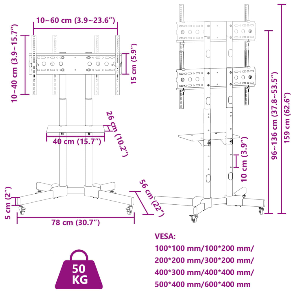 TV-stativ hjul 32-70 tommers skjerm maks. VESA 600x400 mm 50 kg