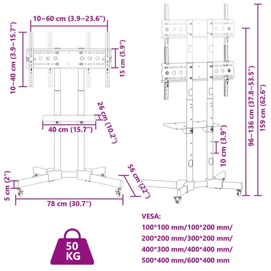 TV-stativ hjul 32-70 tommers skjerm maks. VESA 600x400 mm 50 kg