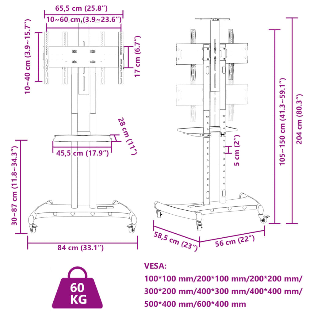 TV-stativ på hjul 32-70 tommers skjerm maks VESA 600x400mm 60kg