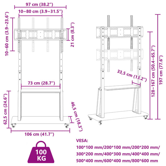 TV-stativ med hjul 32-90 tommers skjerm VESA 800x600 mm 100 kg