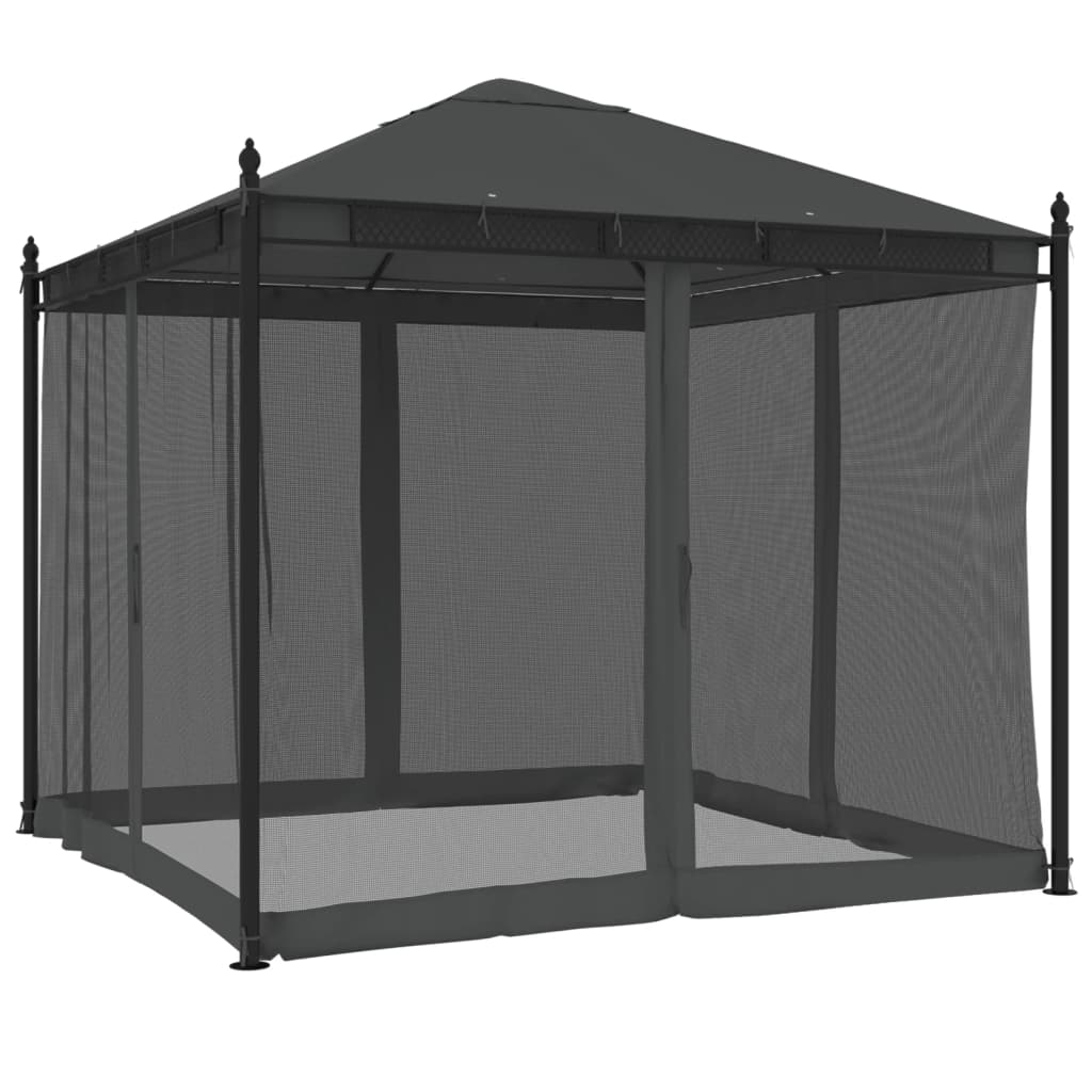 Paviljong med nettingvegger antrasitt 2,93x2,93 m stål