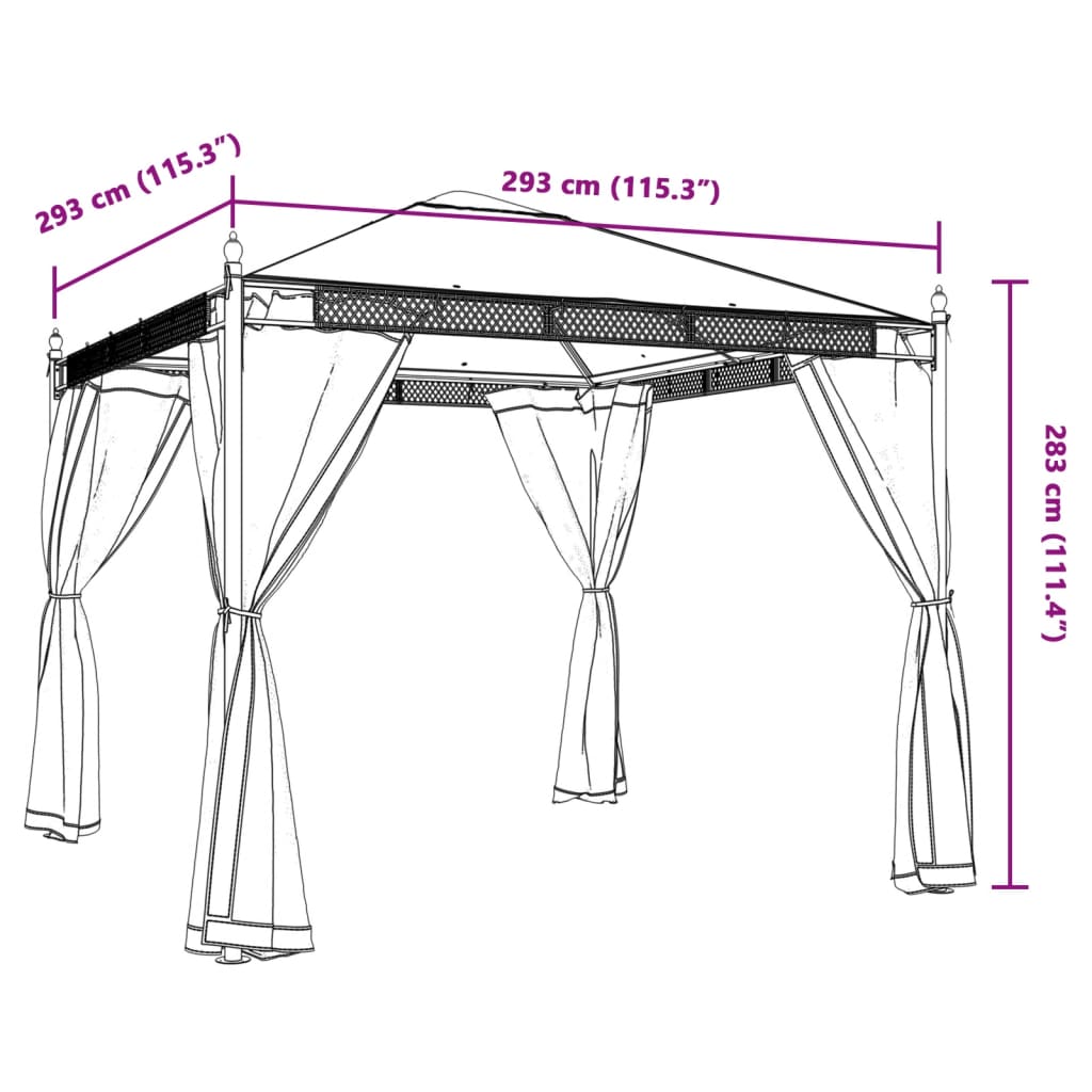 Paviljong med nettingvegger antrasitt 2,93x2,93 m stål