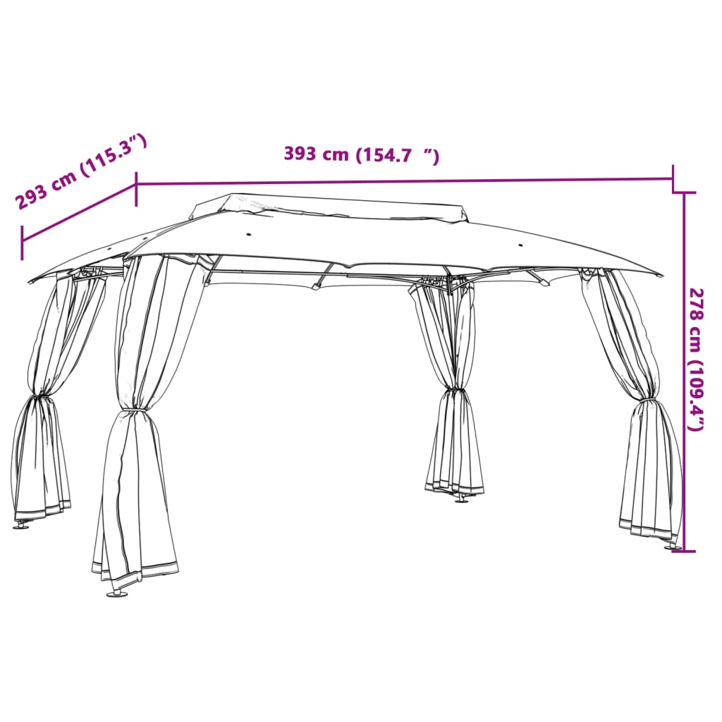 Paviljong dobbelttak og nettingvegger gråbrun 3,93x2,93 m stål