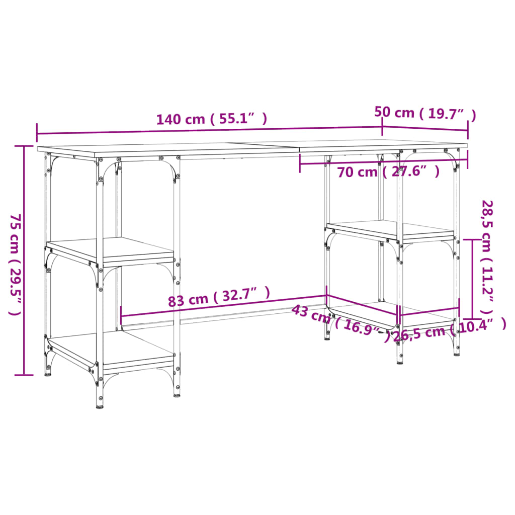 Skrivebord sonoma eik 140x50x75 cm metall og konstruert tre