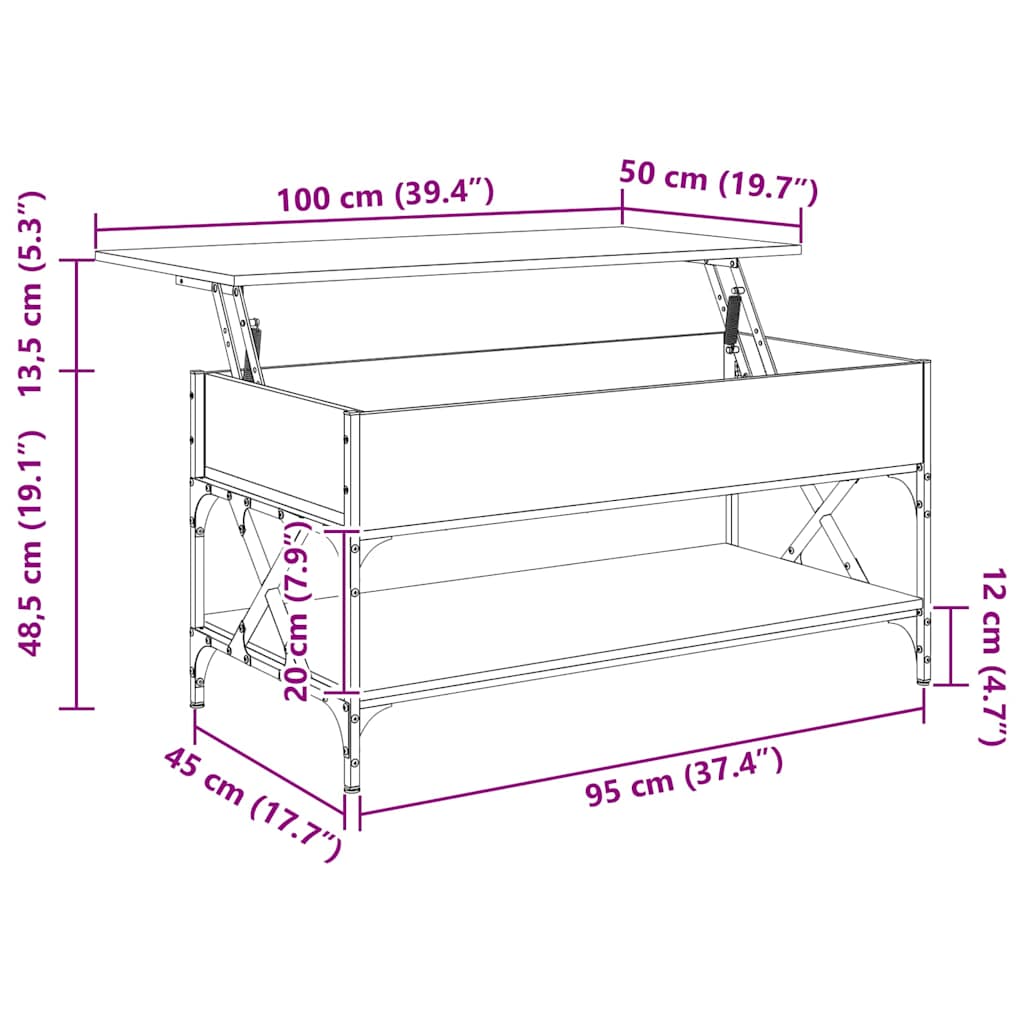 Salongbord røkt eik 100x55x50 cm konstruert tre og metall