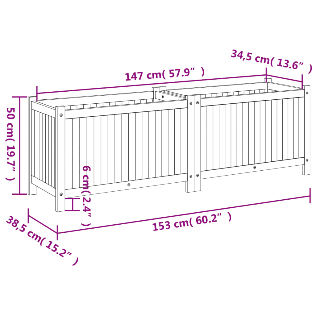 Plantekasse med foring 153x38,5x50 cm helte akasie vidaXL