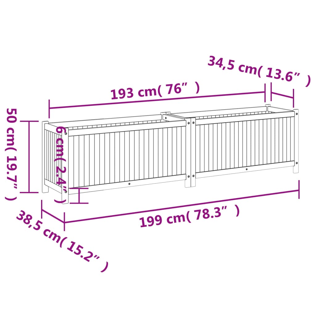 Plantekasse med foring 199x38,5x50 cm helte akasie vidaXL