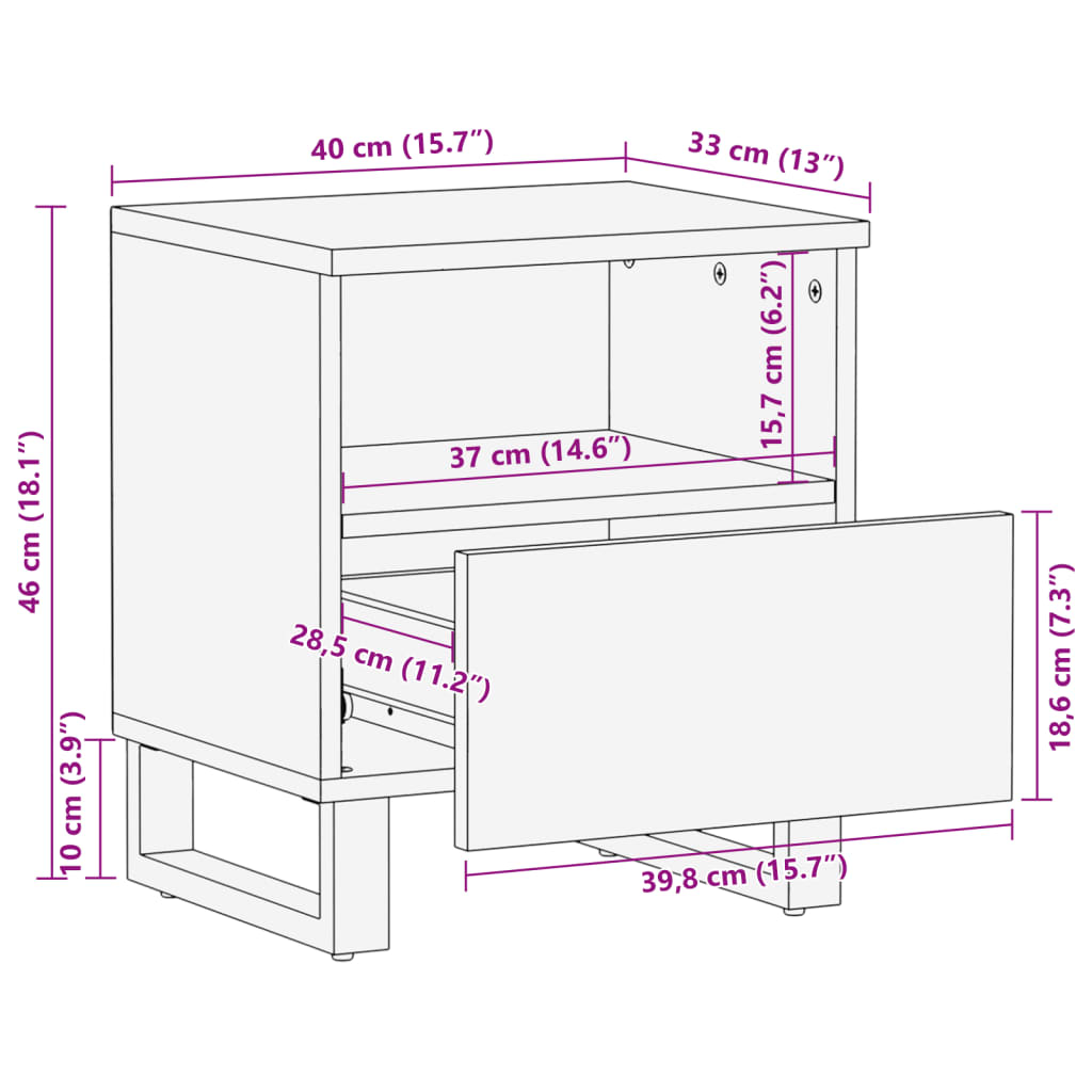 Nattbord 2 stk 40x34x46 cm heltre mango