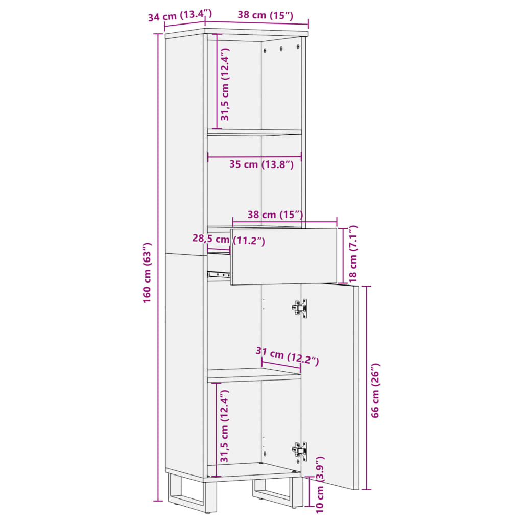 Skjenk 38x34x160 cm grovt heltre mangotre