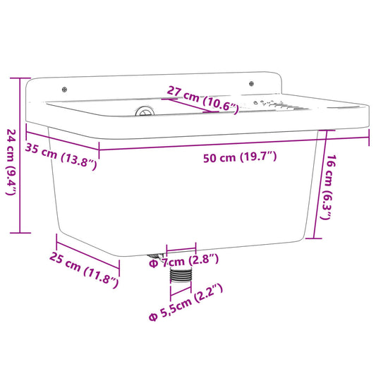Veggmontert servant hvit 50x35x24 cm harpiks