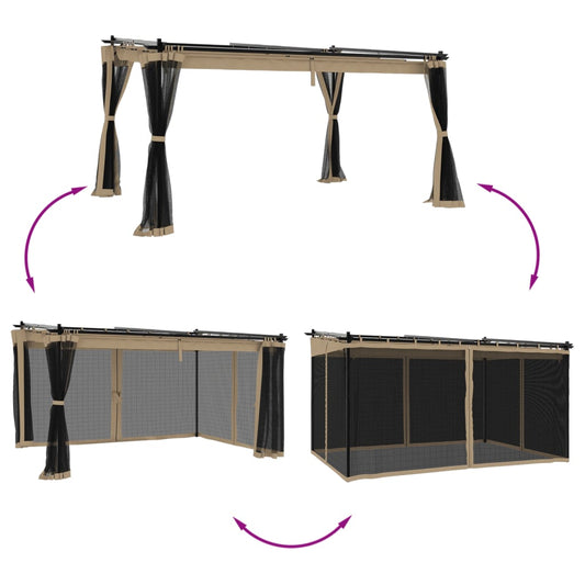 Paviljong med nettingvegger gråbrun 4x3 m stål