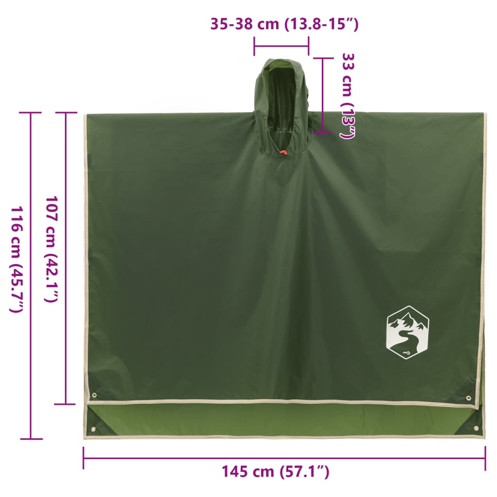 Regnponcho med hette 2-i-1 design grønn 223x145 cm